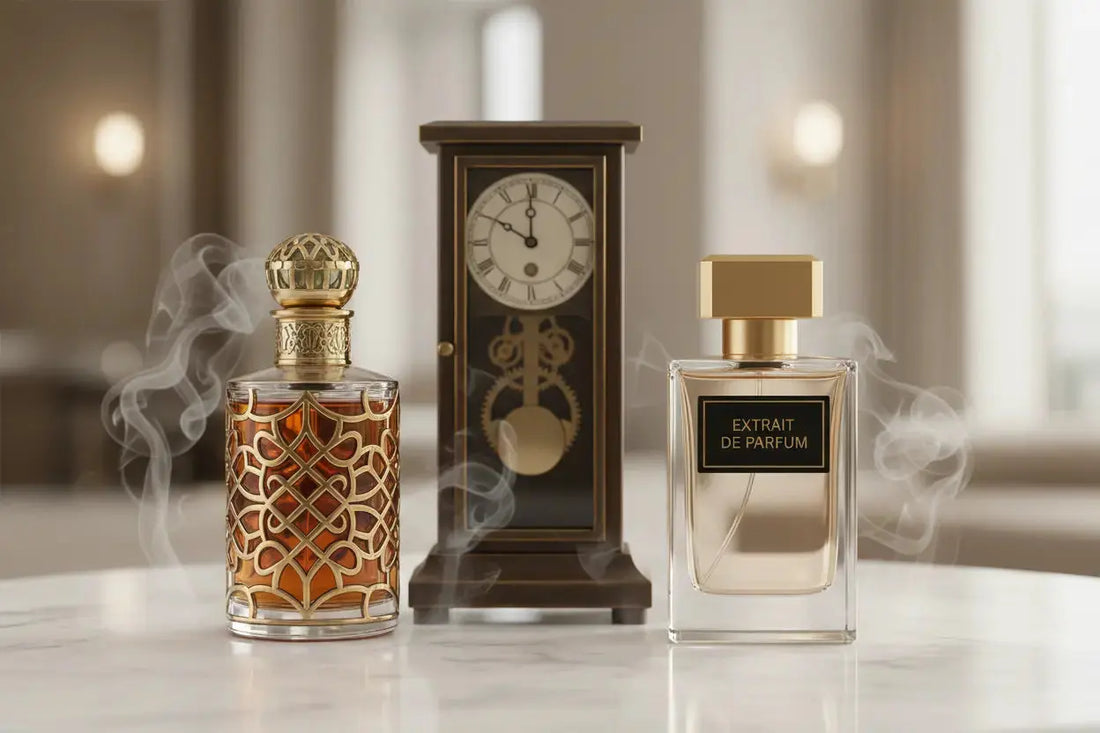 Elegant perfume bottles with intricate designs, alongside a classic clock, evoke a sense of luxury and time in "Attar vs Extrait."