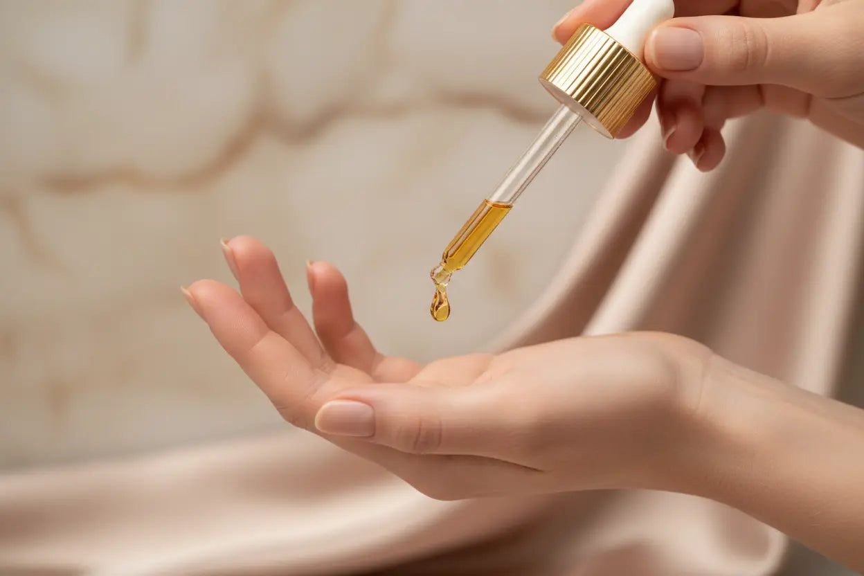 Droplet of golden perfume oil falling from a dropper onto a hand, set against a marble and soft fabric background.