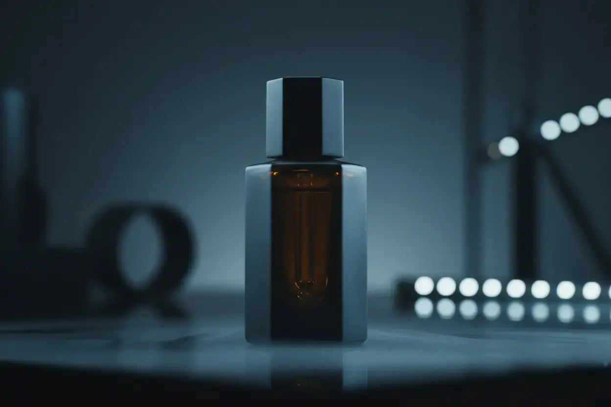 Elegant amber perfume bottle against a dark backdrop, showcasing tips for storing perfume oils.
