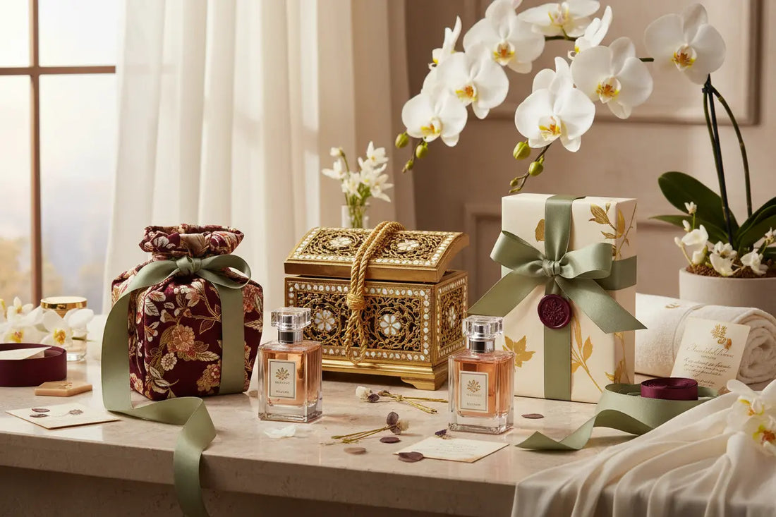 Elegant perfume bottles are beautifully arranged with decorative gift boxes and floral accents in a serene setting, highlighting gift etiquette.