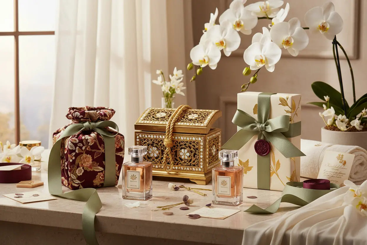 Elegant perfume bottles are beautifully arranged with decorative gift boxes and floral accents in a serene setting, highlighting gift etiquette.