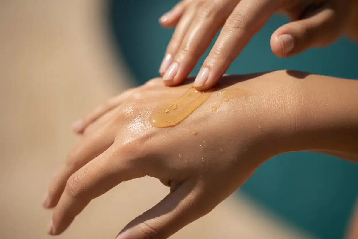 Hands applying a golden perfume oil on skin, showcasing a luxurious scent experience.
