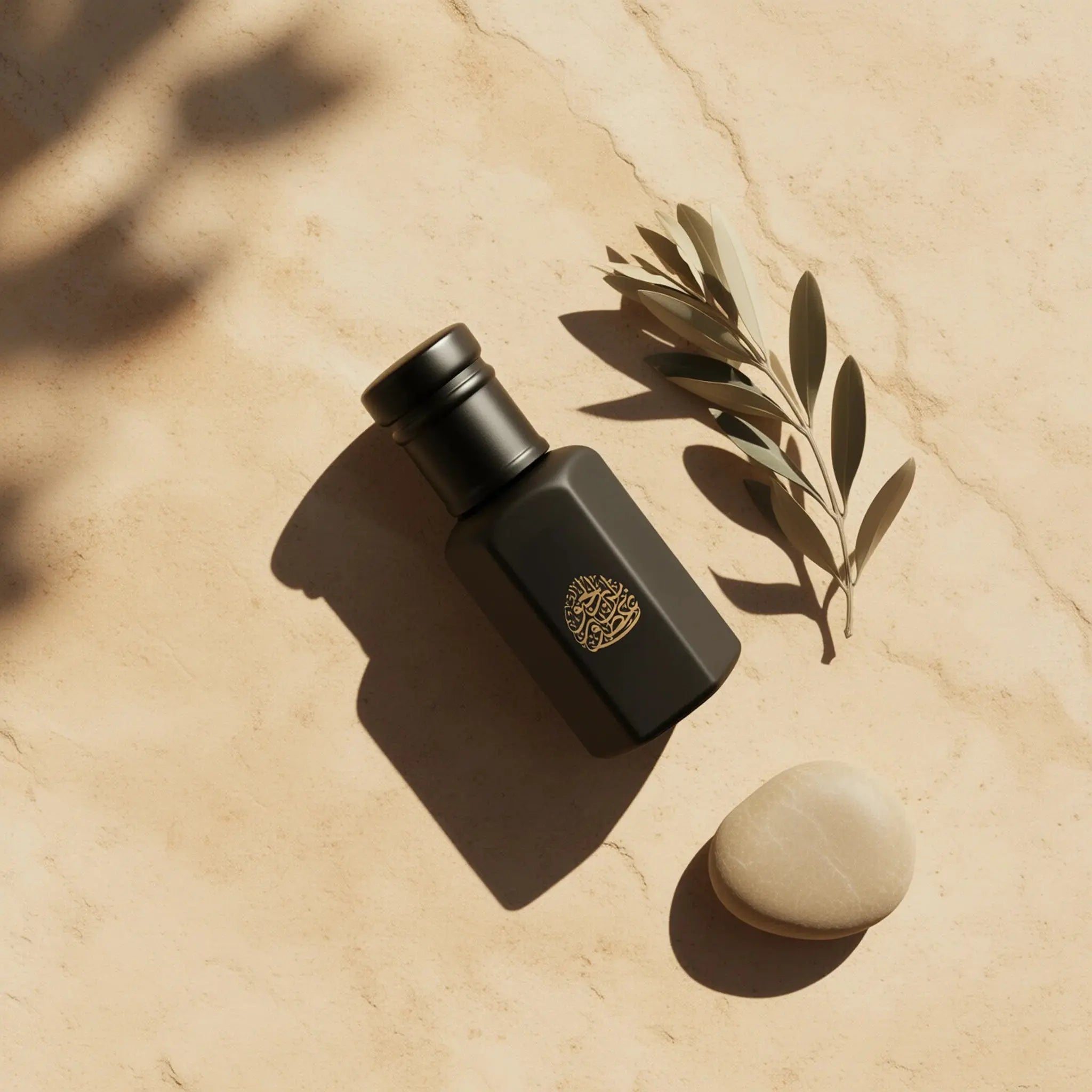 Matte black fragrance bottle with gold detailing, placed on a textured stone surface with an olive branch.