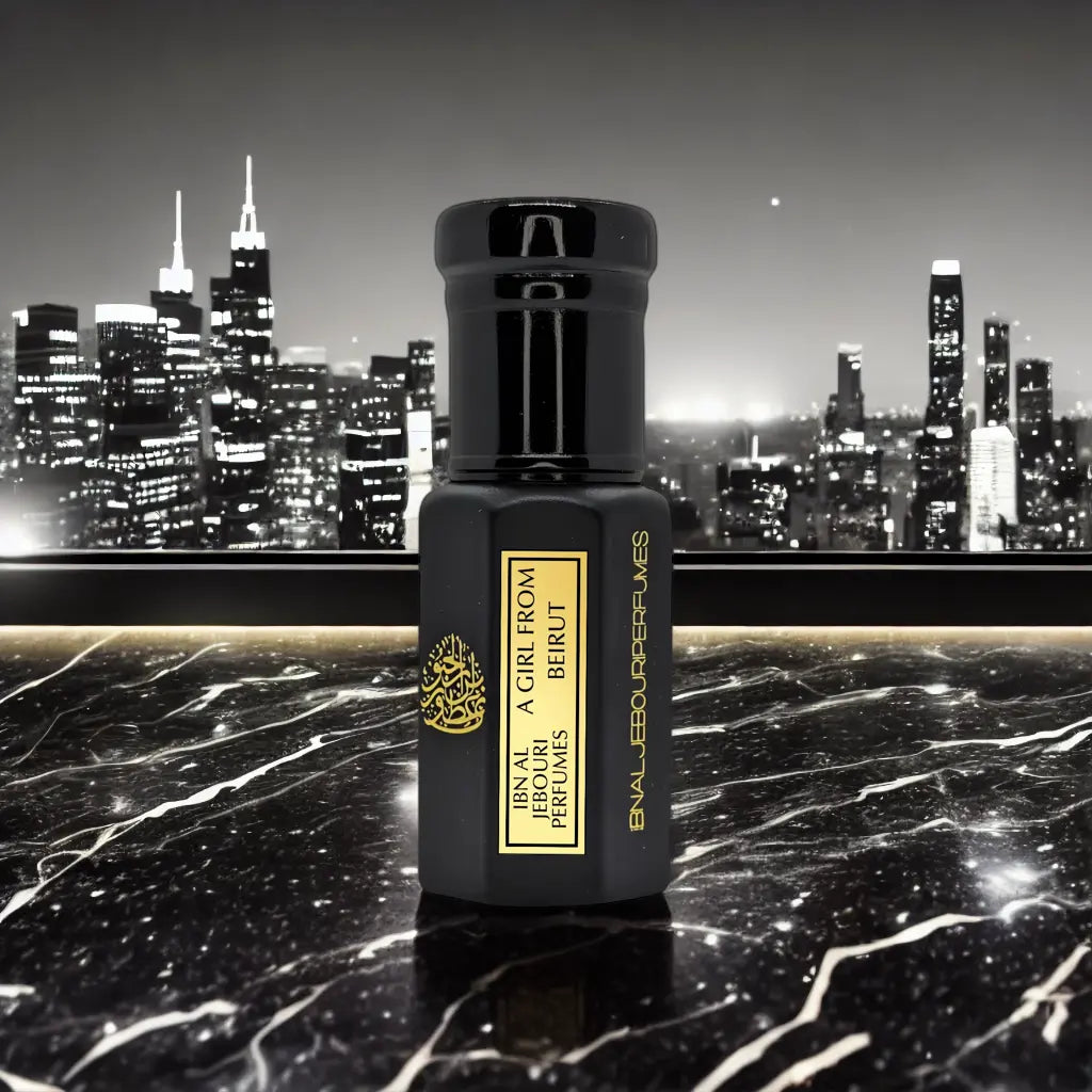 Amber glass bottle of Ibn Al Jebouri's A Girl From Beirut Pure Perfume Oil, alcohol-free rose cedar scent