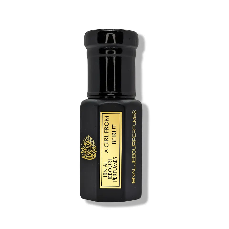 Amber glass bottle of Ibn Al Jebouri's A Girl From Beirut Pure Perfume Oil, alcohol-free, featuring rose and cedar notes.