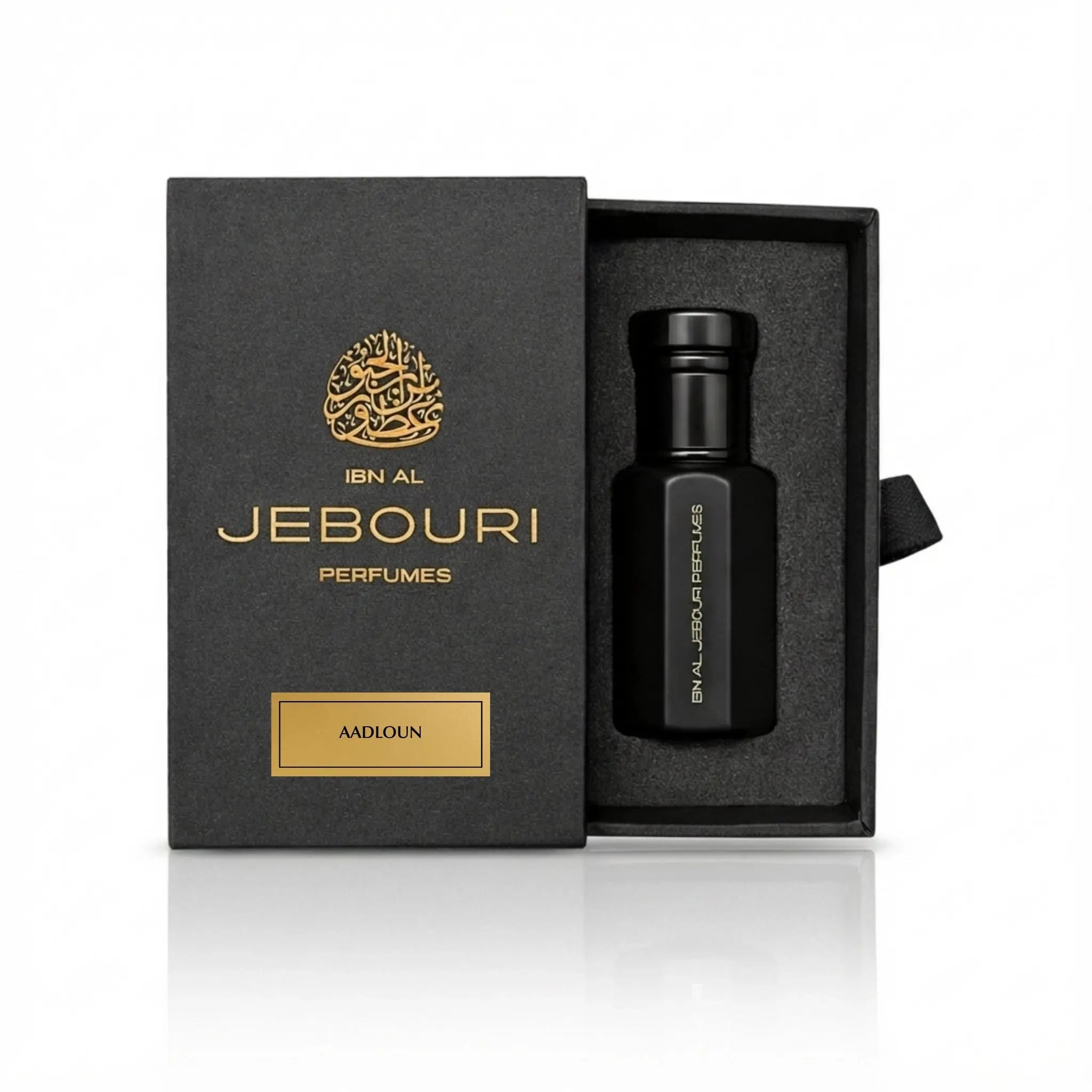 Ibn Al Jebouri Aadloun perfume bottle and packaging on a white background
