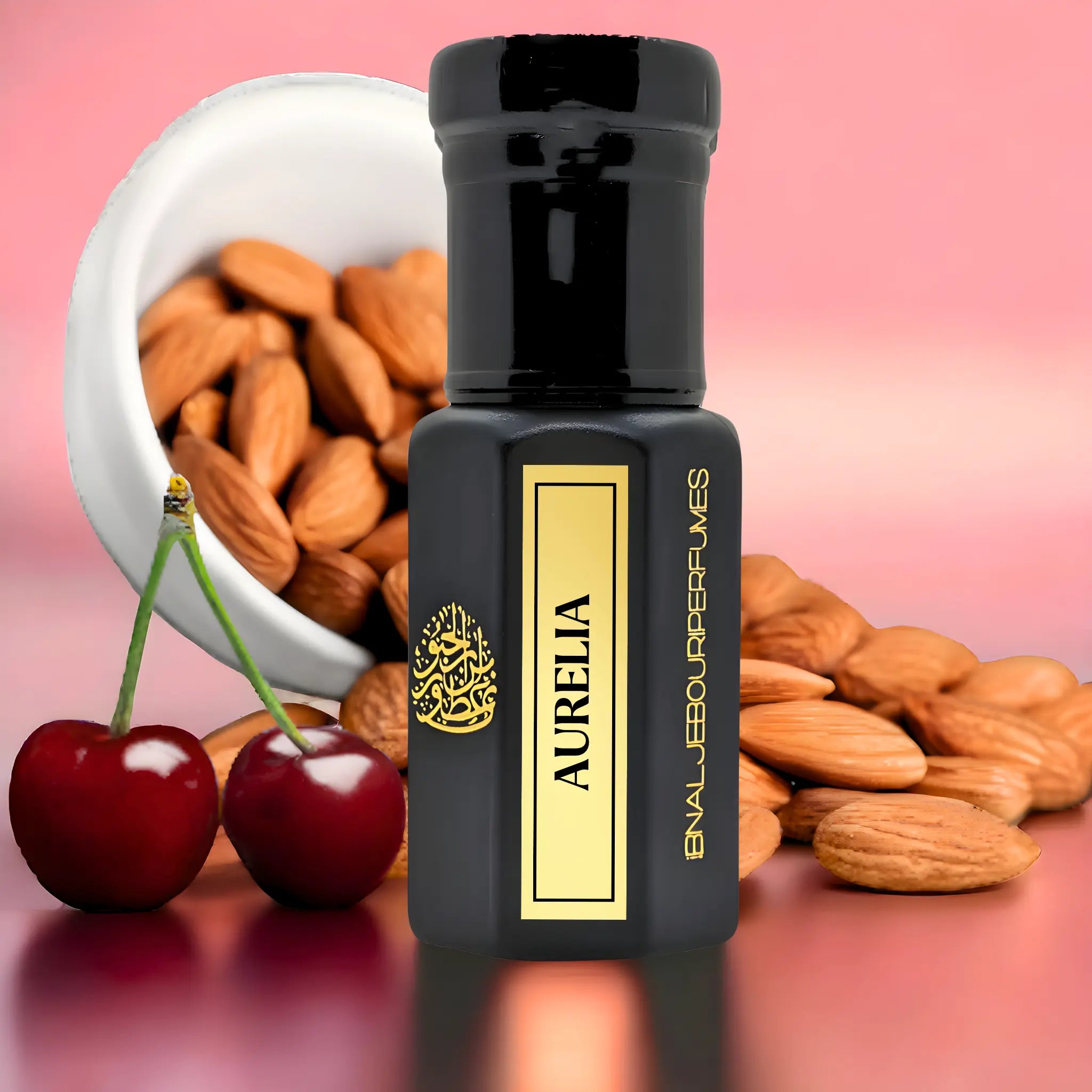 Aurelia Oriental Gourmand perfume oil in a clear glass bottle, featuring cherry, vanilla, and amber notes, by Ibn Al Jebouri