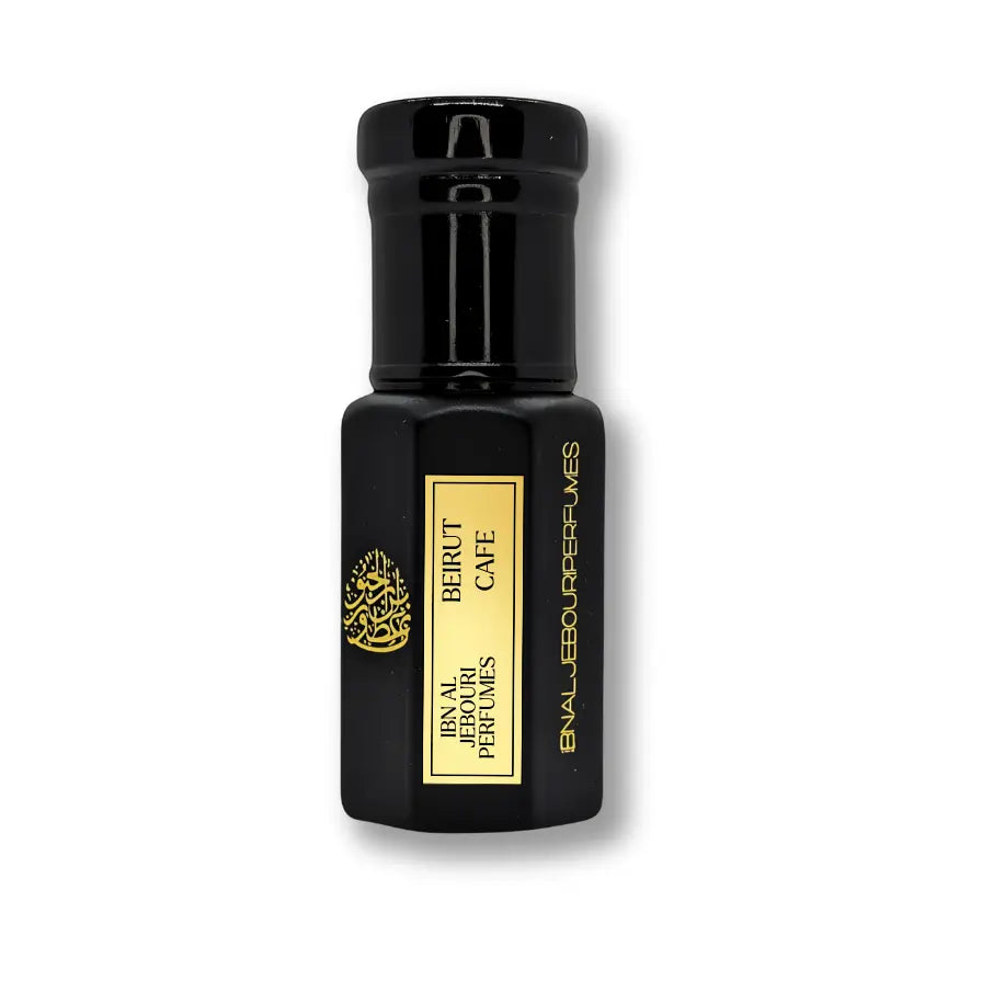 Beirut Cafe artisanal perfume oil in a clear glass bottle, featuring a coffee rose scent, alcohol-free formula.