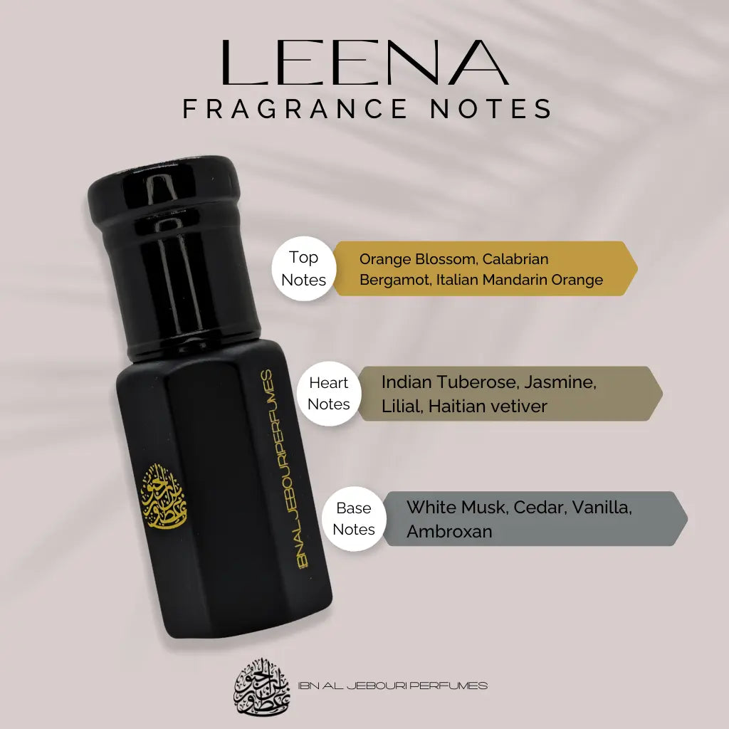 Black bottle of Ibn Al Jebouri Leena Perfume Oil, floral musky woody fragrance, available in 1ml, 3ml, and 6ml sizes.