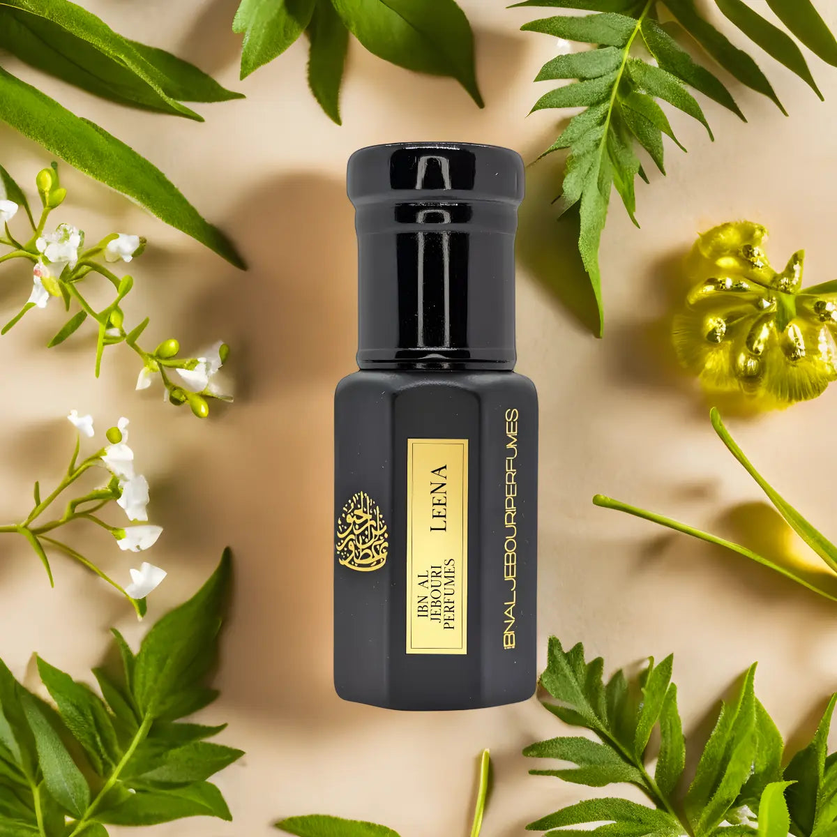 Black bottle of Ibn Al Jebouri Leena Perfume Oil, floral musky woody fragrance, alcohol-free, 6ml size