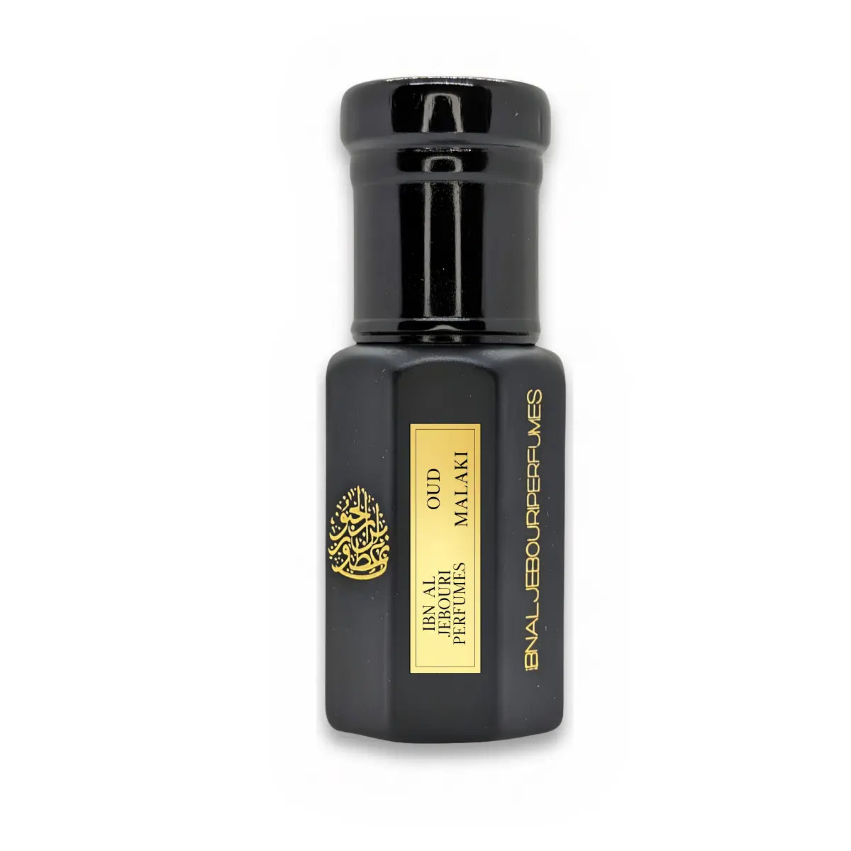 Amber glass bottle of Oud Malaki perfume oil by Ibn Al Jebouri, 1ml size, with gold accents and a wooden cap.