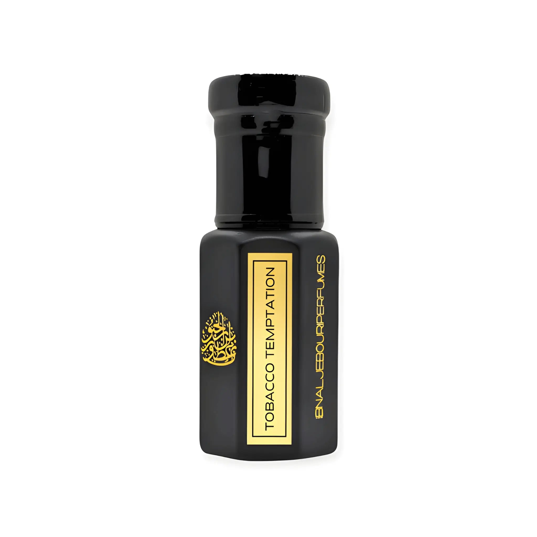 Tobacco Temptation perfume oil by Ibn Al Jebouri, amber glass bottle with dropper, showcasing rich malt and sweet tobacco no