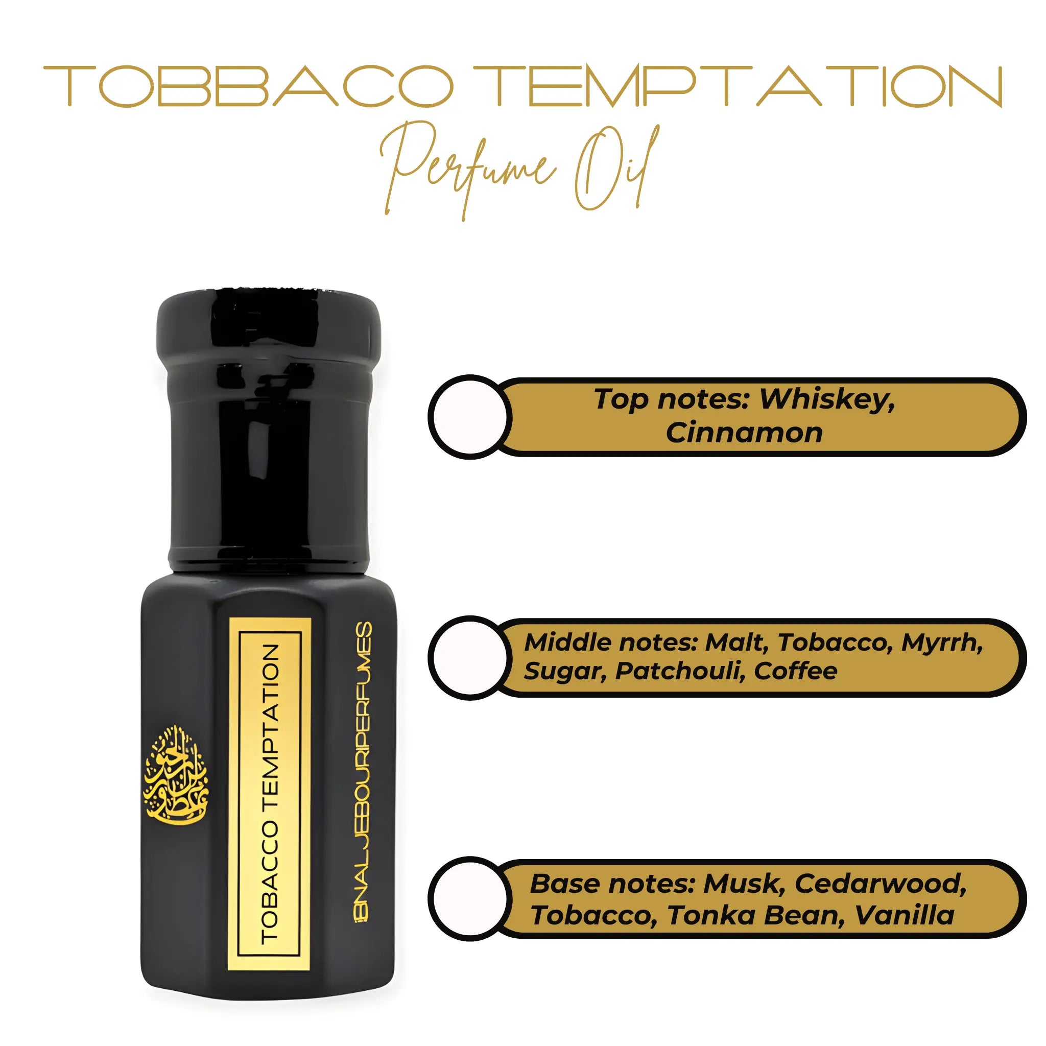 Tobacco Temptation perfume oil by Ibn Al Jebouri in a clear glass bottle, showcasing a rich amber color.
