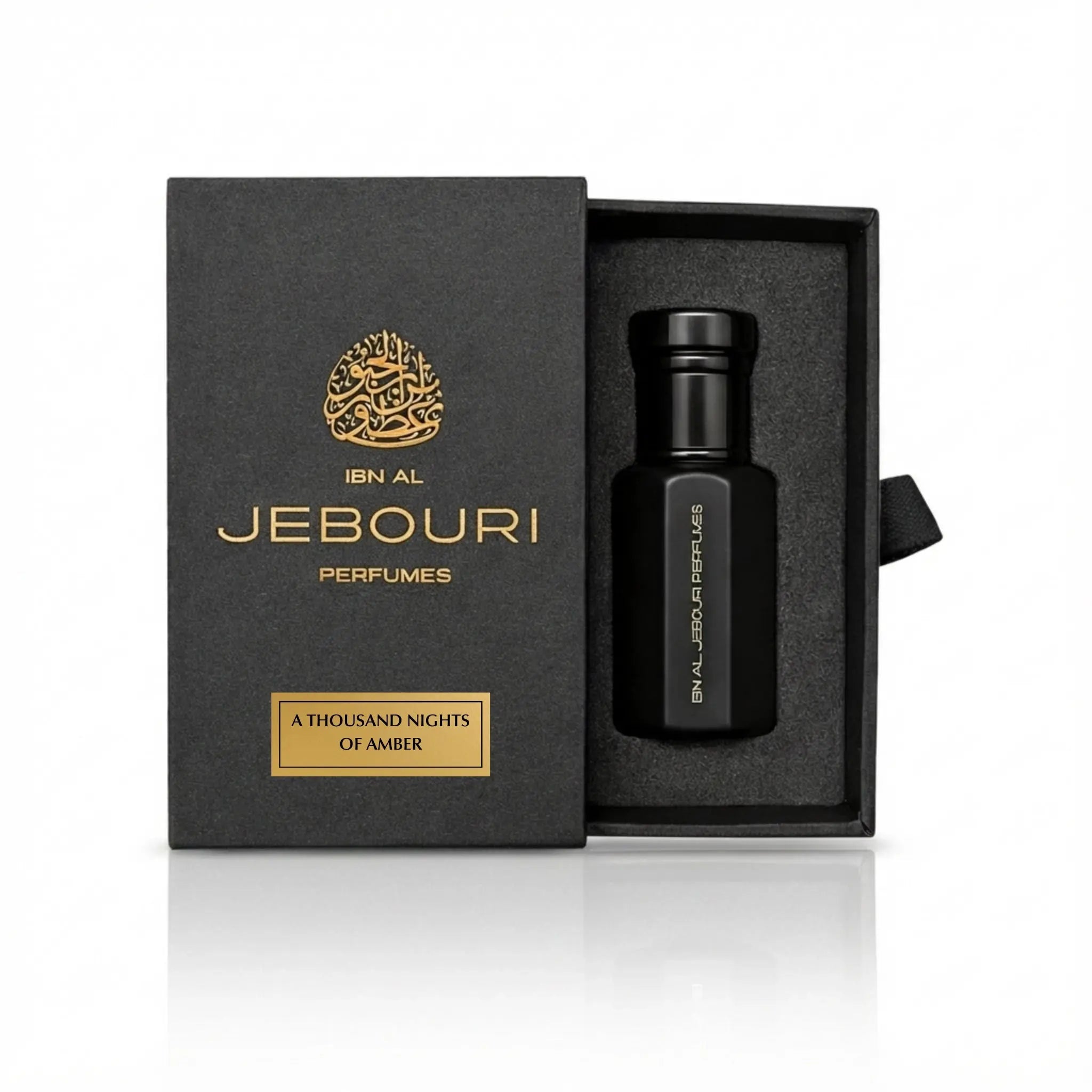 Ibn Al Jebouri A thousand nights of amber perfume bottle and packaging on a white background