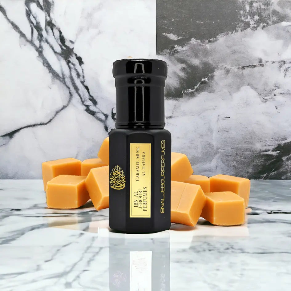 Amber-colored Pure Caramel Toffee Musk Tahara Body Oil by Ibn Al Jebouri, alcohol-free perfume oil in a glass bottle
