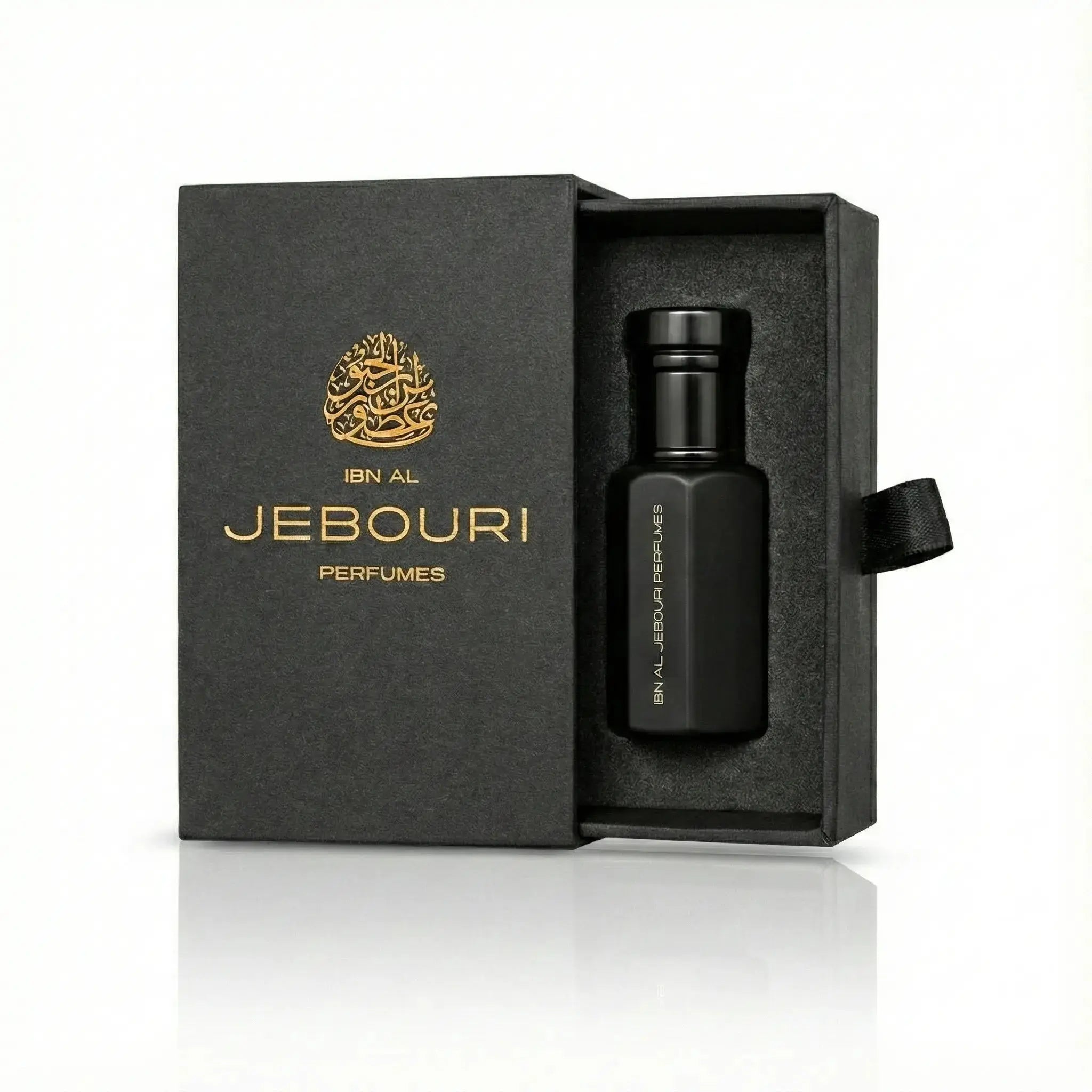 Black perfume oil bottle with gold text in a branded 'Ibn al Jebouri perfumes' box on a white background