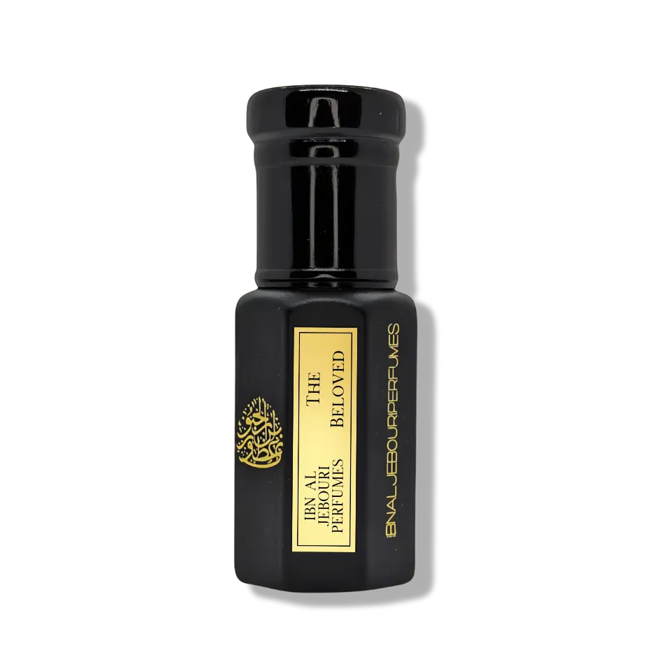 Amber and Musk unisex perfume oil by Ibn Al Jebouri in 1ml, 3ml, and 6ml sizes, alcohol-free with elegant packaging.
