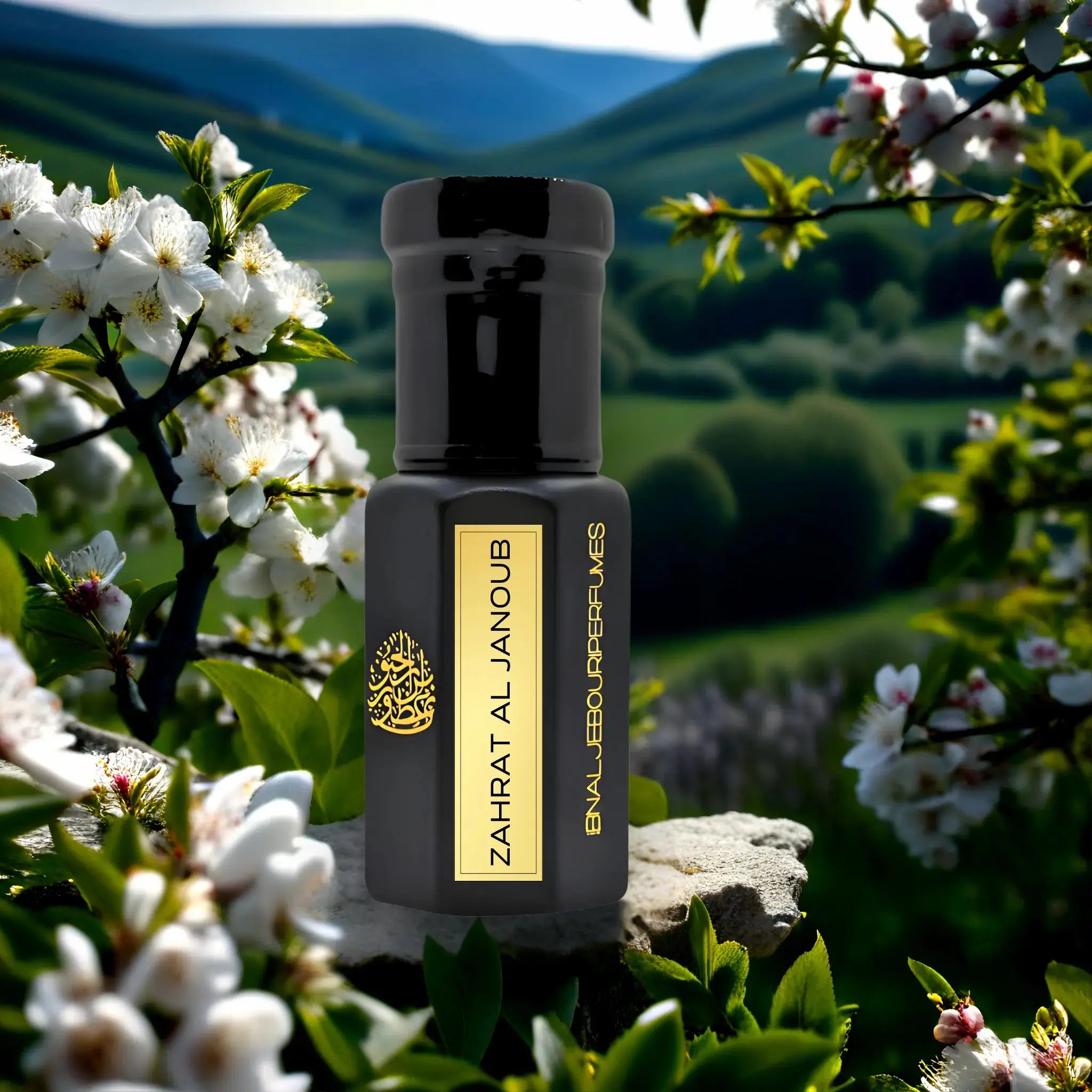 Zahrat AL Janoub perfume oil by Ibn Al Jebouri in elegant glass bottle, floral scent, available in 1ml, 3ml, and 6ml sizes.